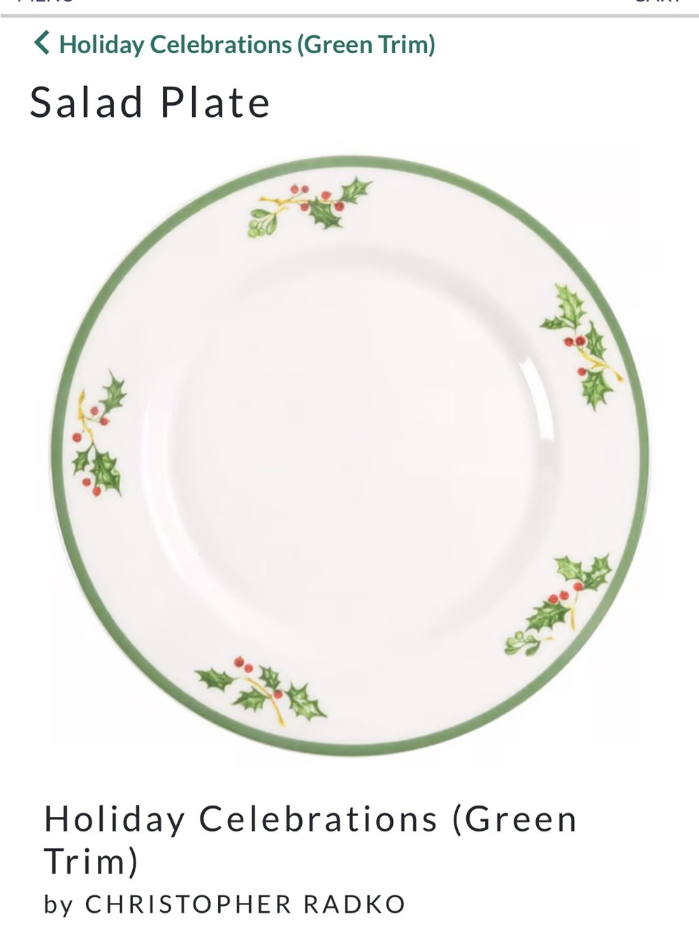 Holiday Celebrations (Green Trim)
by CHRISTOPHER RADKO set of 4 salad plates